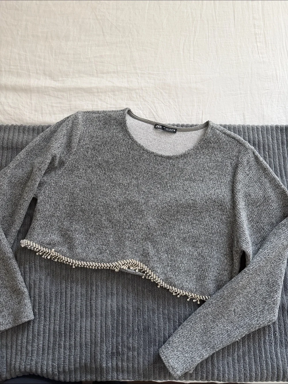 Zara Gray Cropped Knit Top with Beaded Trim